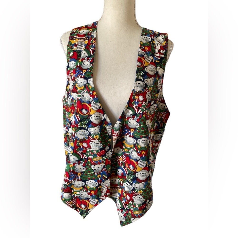 Vintage Festive Holiday Vest with Santa polar bear Print size L double view